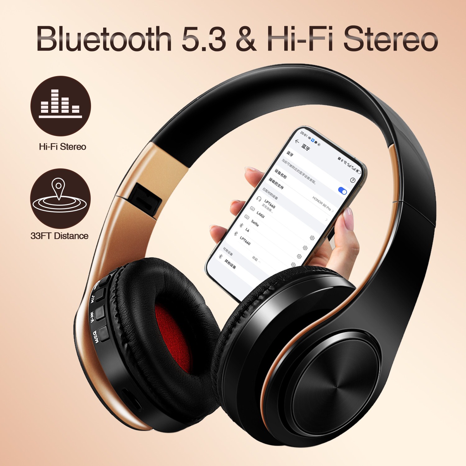 Gold Wireless Bluetooth Headphones with Built-in Mic & Stereo Sound for Gaming & Calls