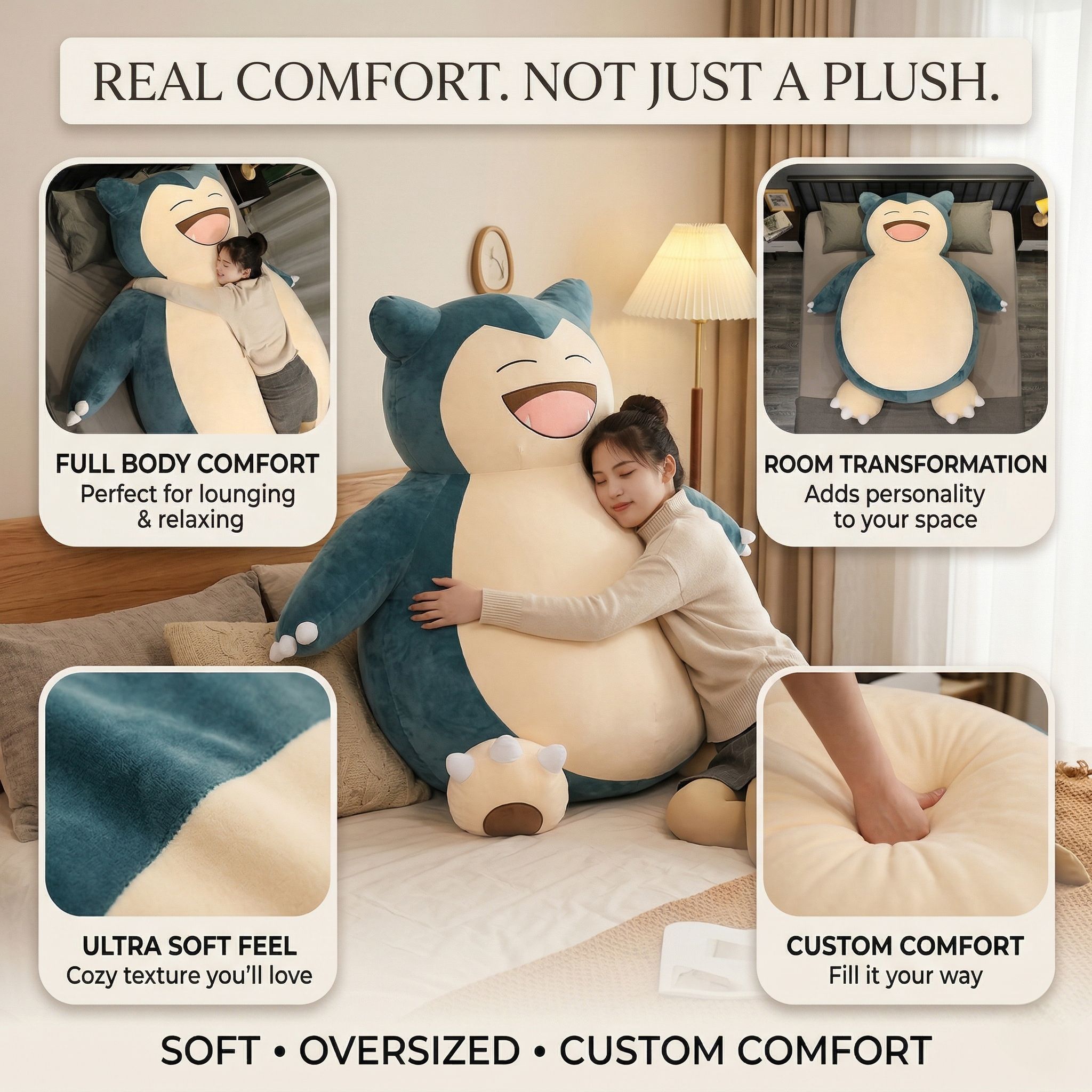 Giant Snorlax Plush Cover for Cozy Lounging Anime Room Decor and Custom Body Pillow Comfort