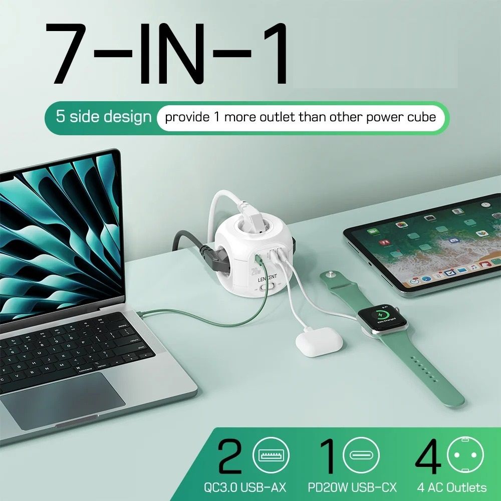 Flat EU Plug Power Cube with Fast Charging & Multiple Outlets