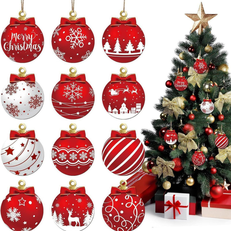 Elk Snowflake Pattern Christmas, White Wooden Christmas Ball Ornament for Winter Party Decorations