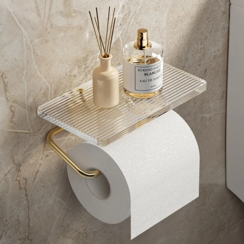 Gold Luxury Toilet Paper Holder Wall-Mounted Acrylic Roll with Shelf Organizer