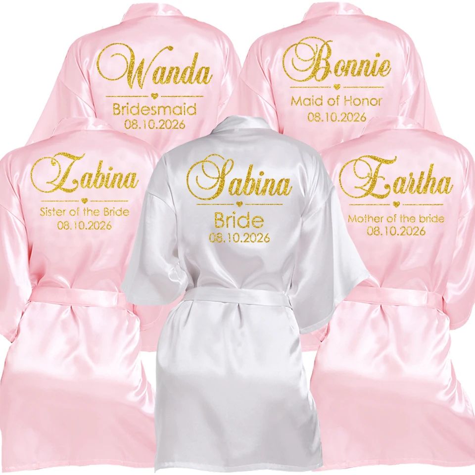 Personalized Faux Silk Bridal Robe with Custom Name & Date – Elegant Bride & Bridesmaid Getting Ready Robe
