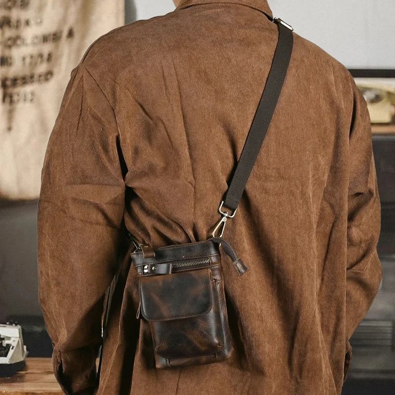Genuine Leather Vintage Mens Waist Bag – Multi-Function Crossbody Belt Pouch with Split Hook
