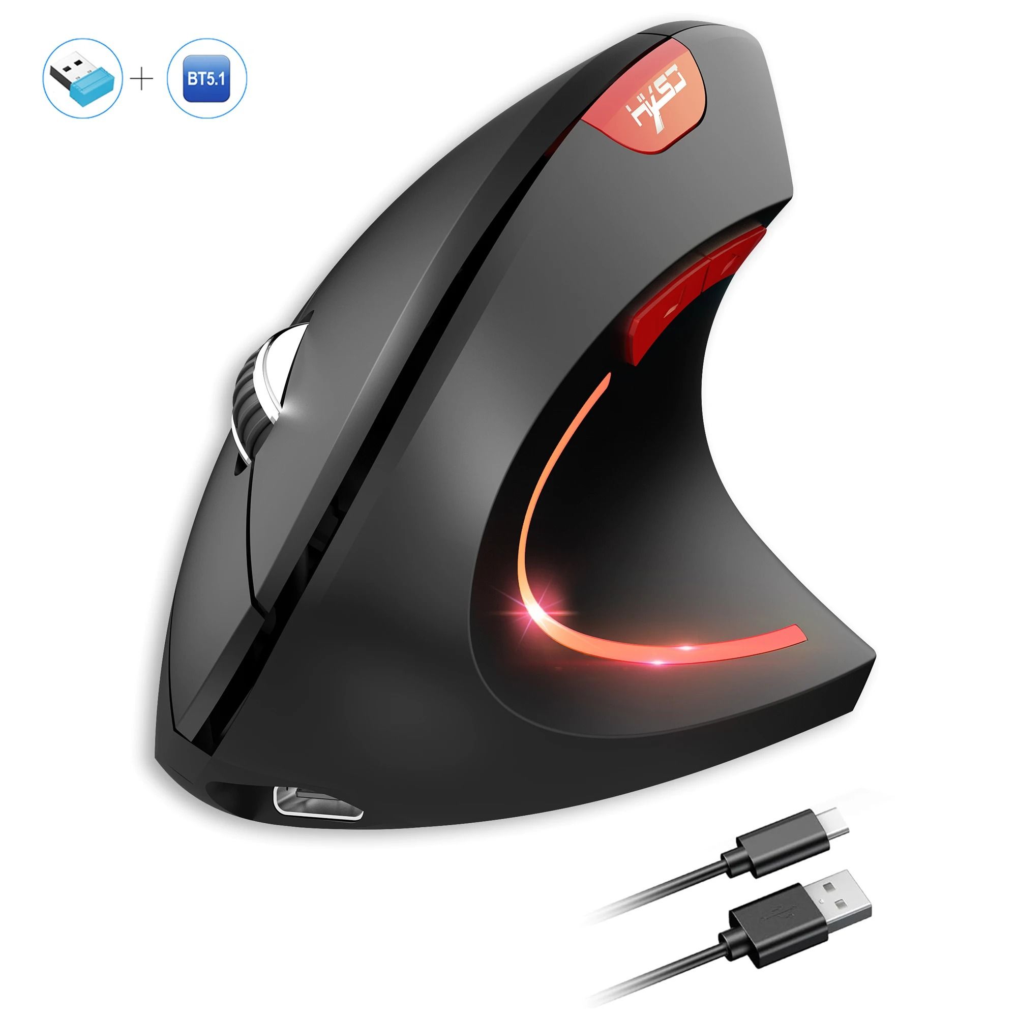 HXSJ T22 Ergonomic Vertical Mouse | Dual-Mode 2.4G & Bluetooth 5.1 Rechargeable 2400DPI Mouse