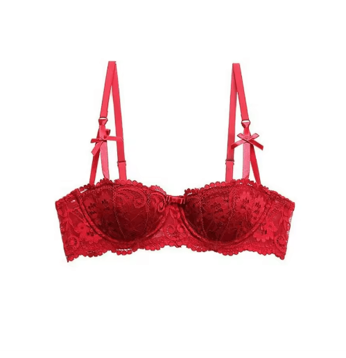 French Style Half Cup Push Up Lace Bra with Deep V Design