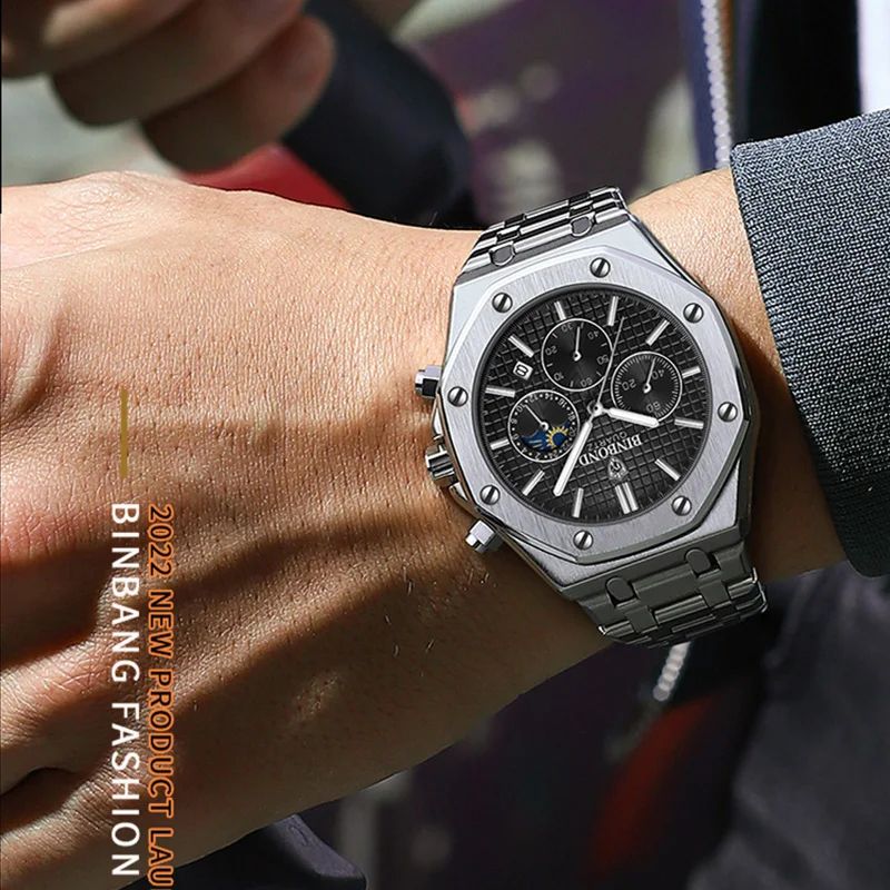 BINBOND B0161 Luxury Stainless Steel Men's Quartz Watch with Luminous Date & Chronograph