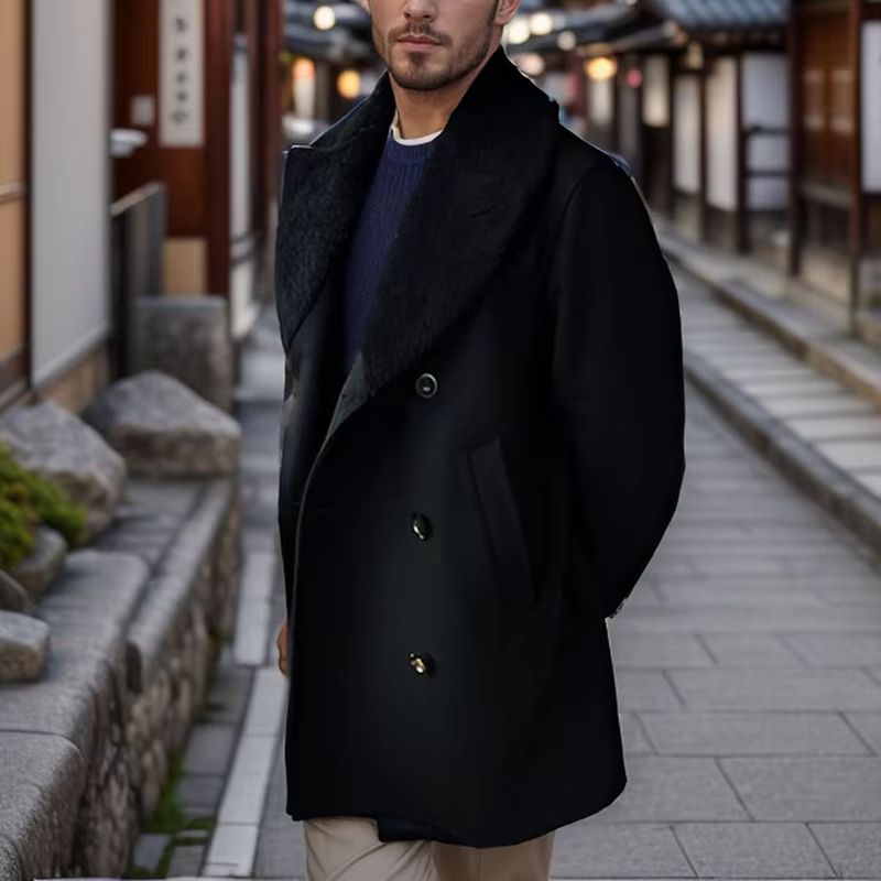 Contrast Detail Men's Wool Pea Coat – Classic Double Breasted Pea Coat Winter Overcoat
