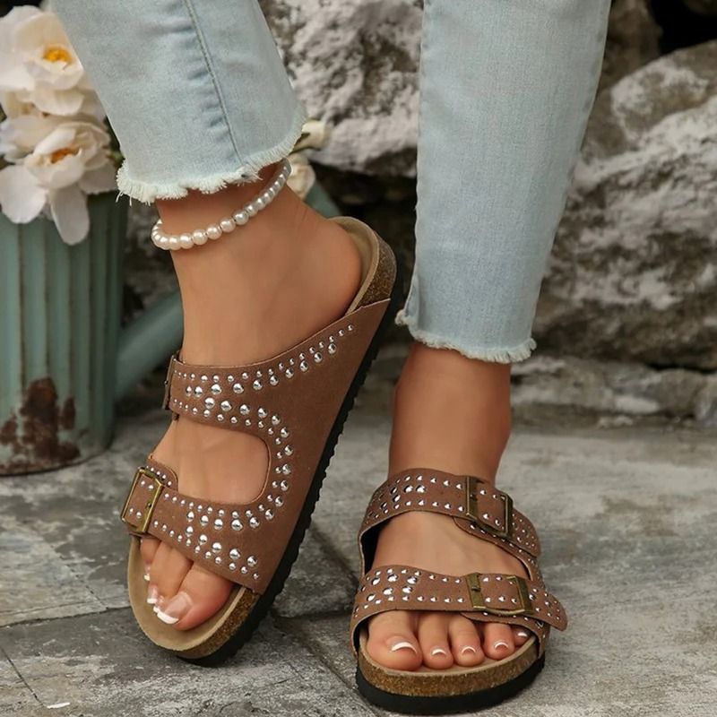 Summer Suede Flat Slipper Women Soft Bottom Rivet Street Slide Buckle Strap