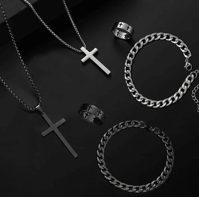 Mens Stainless Steel Cross Jewelry Set Necklace Bracelet Ring Hip Hop Accessories