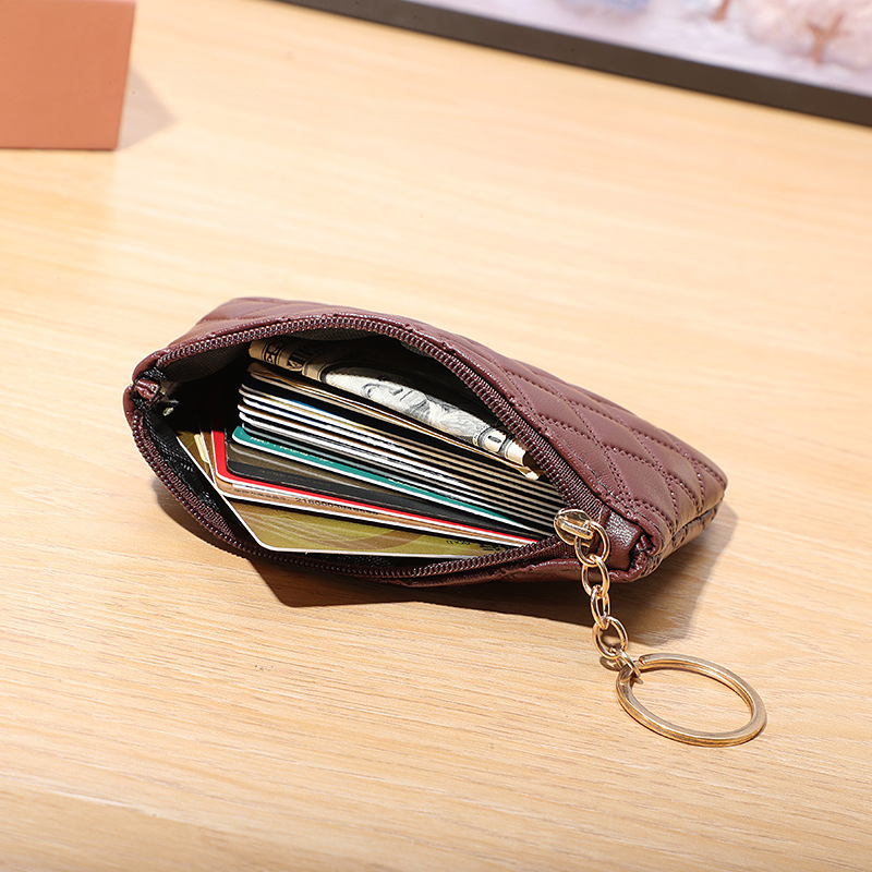 Luxury Plaid Leather Coin Purse for Women Mini Zipper Wallet with Keychain