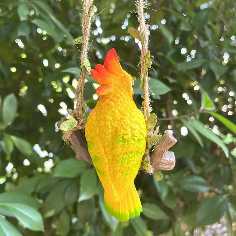 Tropical Parrot Garden Hanging Statue – Resin Outdoor Animal Decor with Wooden Swing