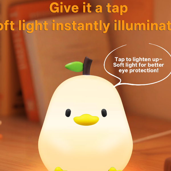 Cute Pear Night Light, Dimmable, USB Rechargeable Touch Control, Silicone Stress Relief Pat Duck Lamp