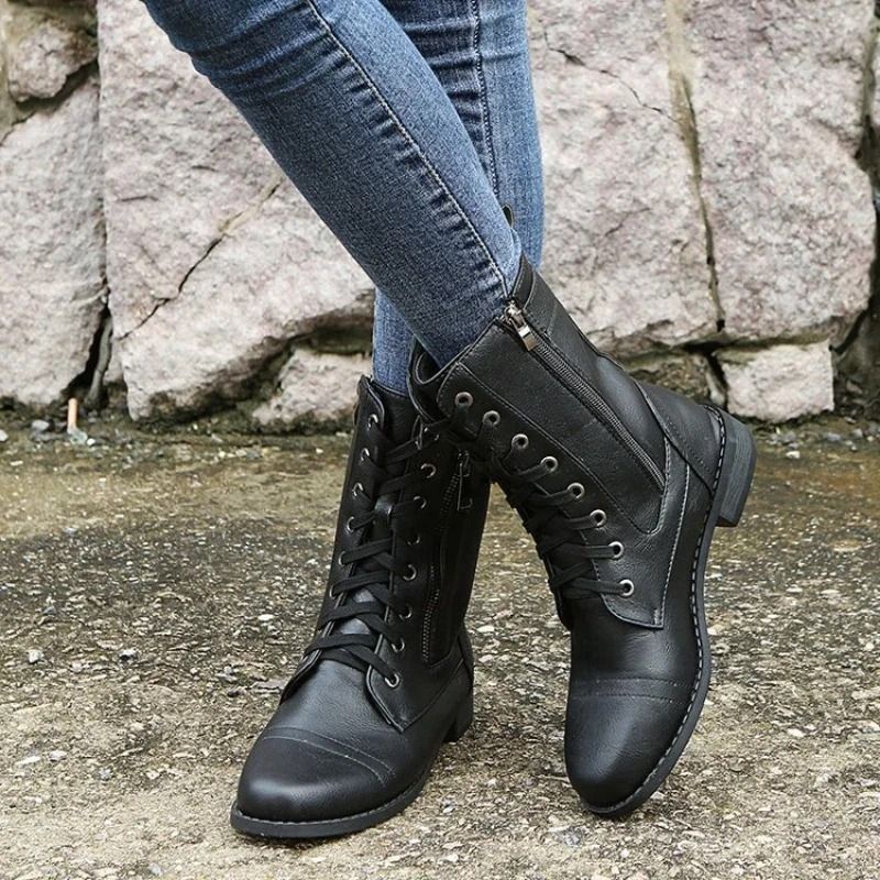 Women Retro Western Motorcycle Boots Zipper Mid Calf Plus Size Short Botas