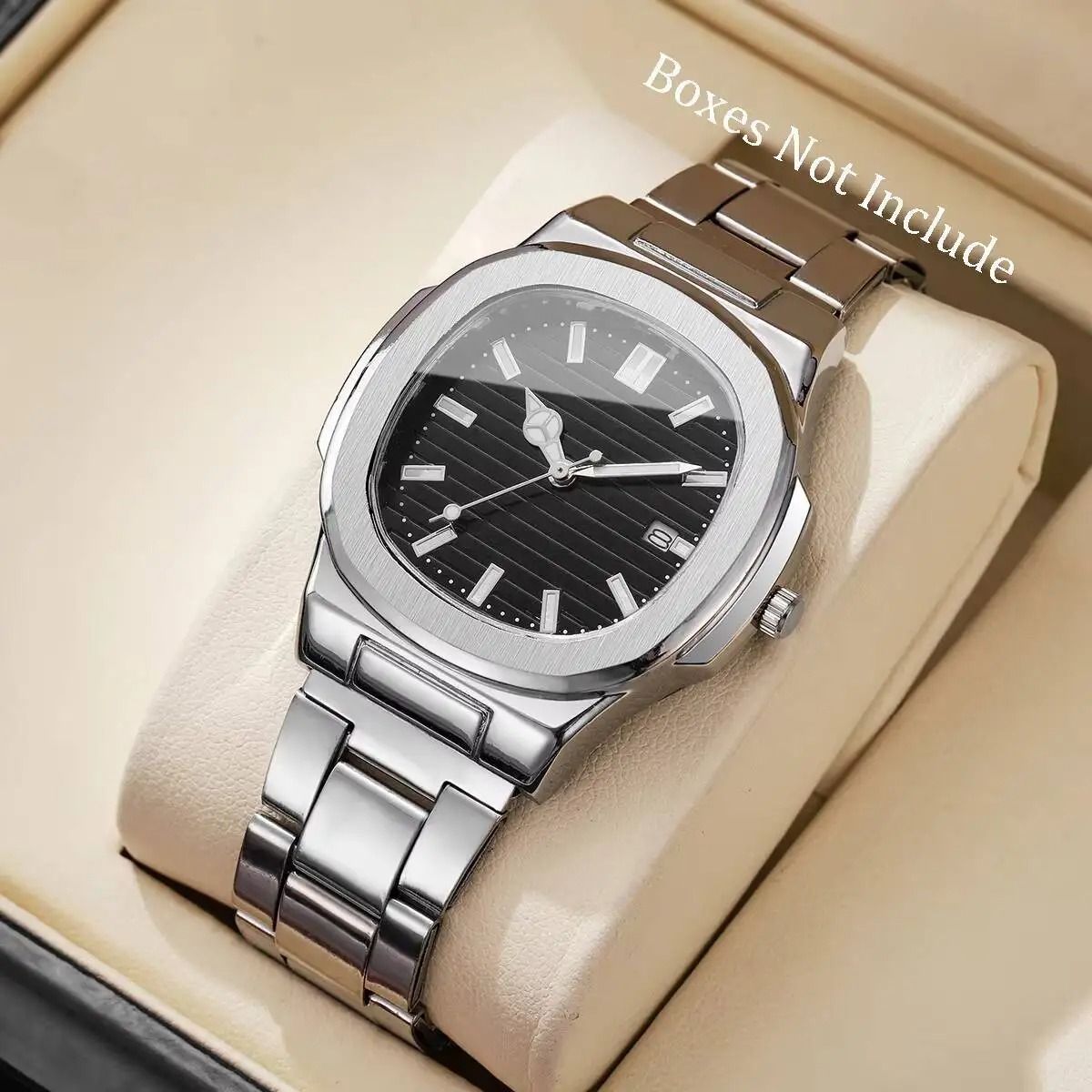 Men Square Dial Stainless Steel Quartz Watch with Calendar