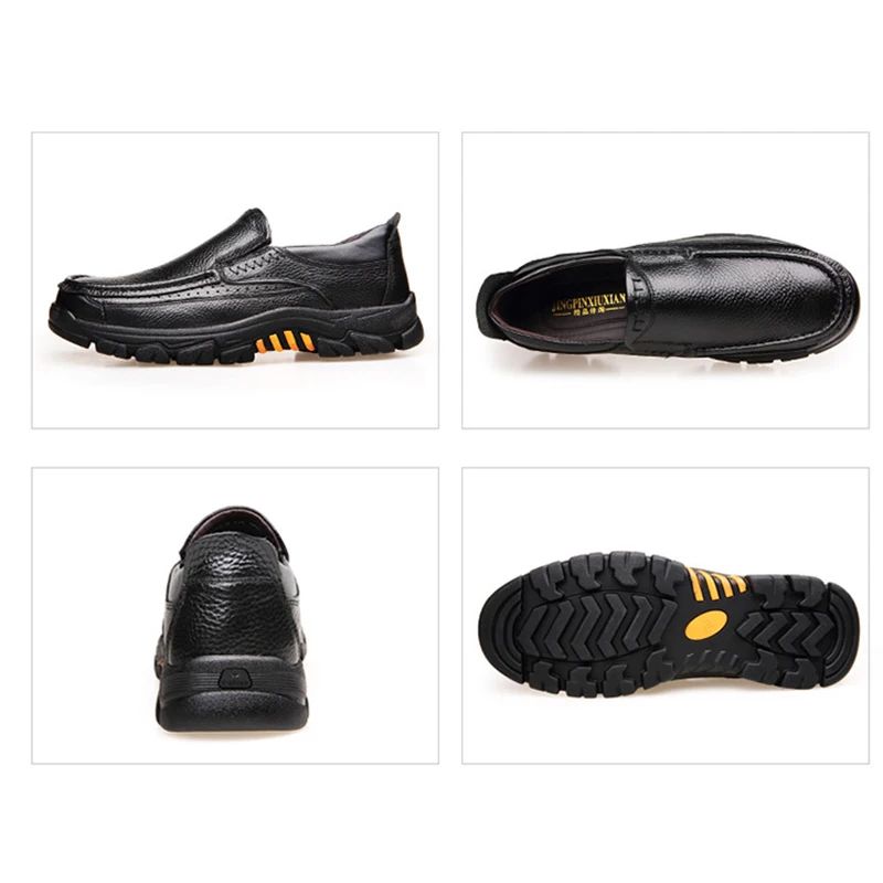 Genuine Leather Men's Slip On Loafers Thick Sole Cowhide Casual Work Shoes