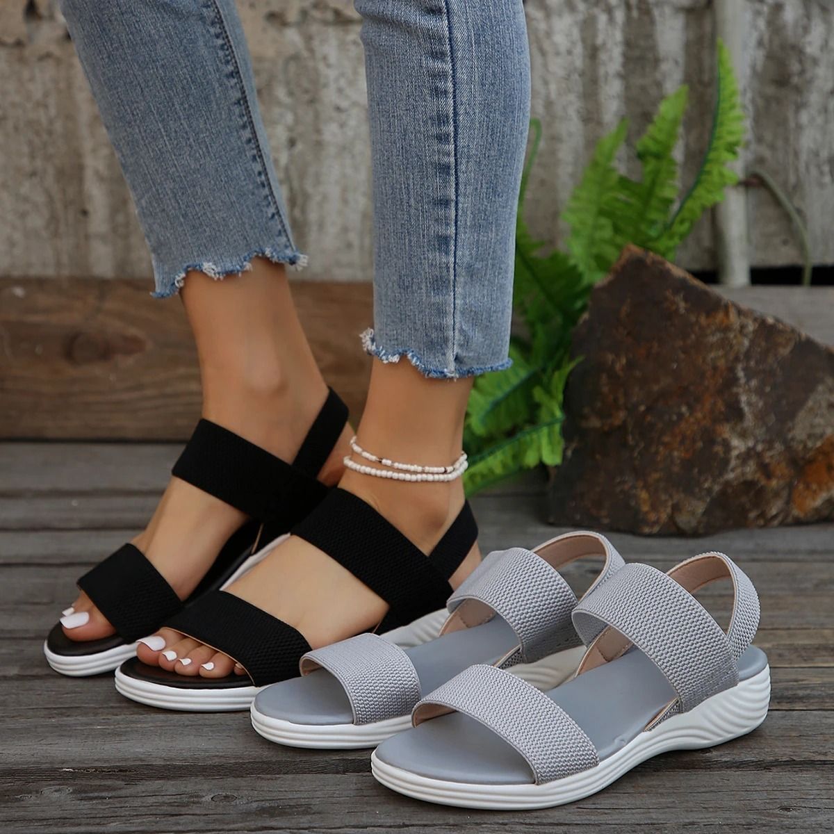 Women Knit Elastic Cloth Wedge Sandals Slip On Lightweight Walking Sandals