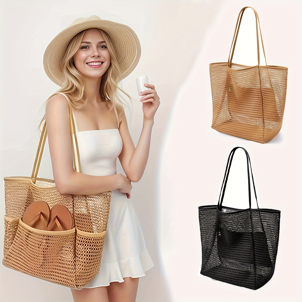 Durable Polyester Woven Shoulder Bag, Women's Large Capacity Beach Tote Bag for Travel, Shopping, Open Top Tote