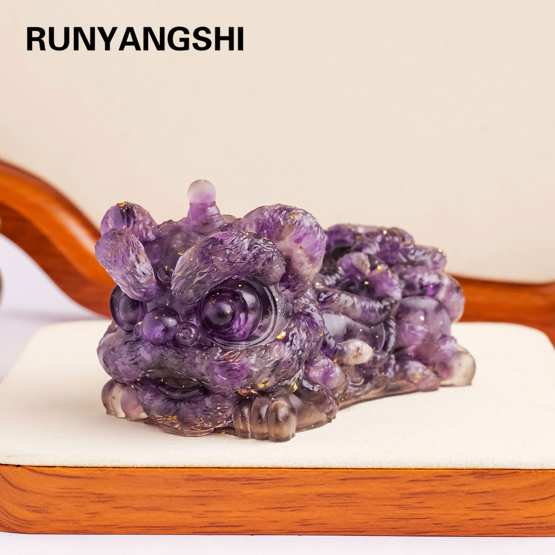 Statue Reiki Stone Figurine Amulet, Natural Crystal Stone Lion Dance, Fengshui Sculpture for Home Office Decoration
