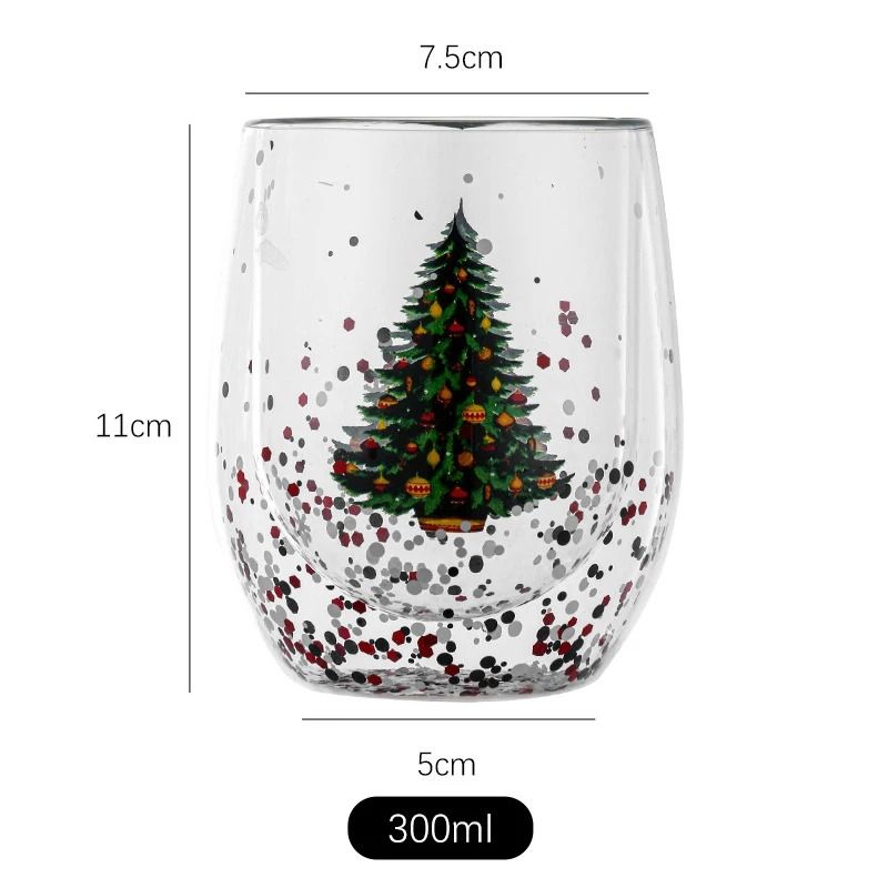 Double Wall Christmas Glass Mug Heat Resistant Holiday Coffee Cup