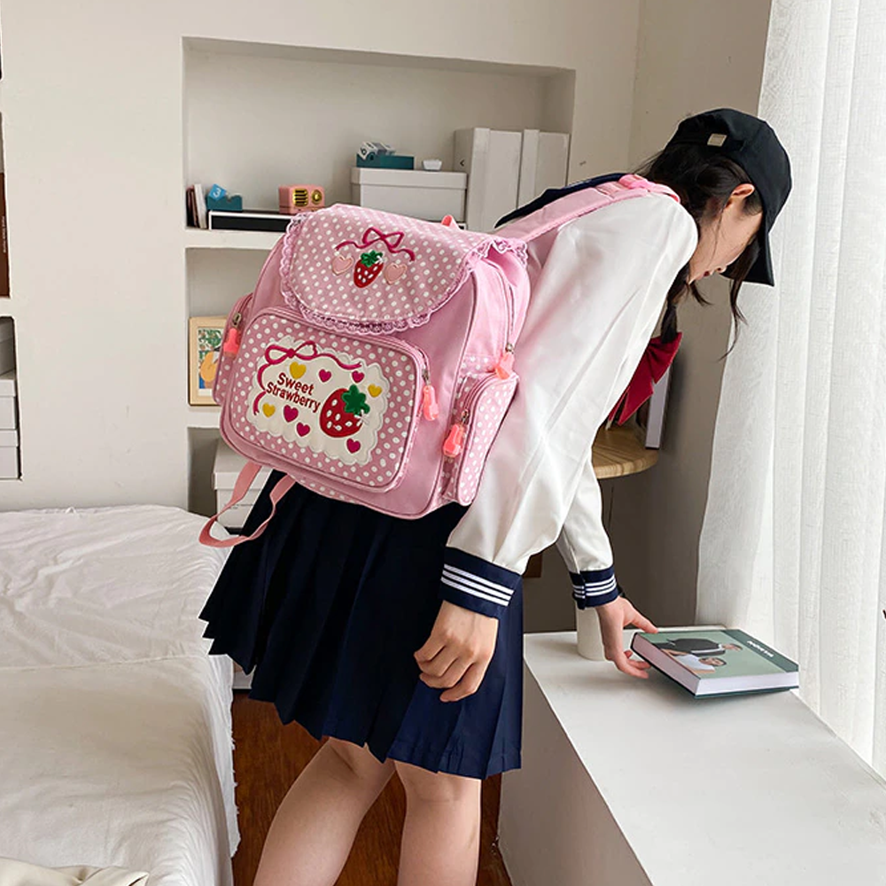 Pink Backpack With Strawberry Pattern