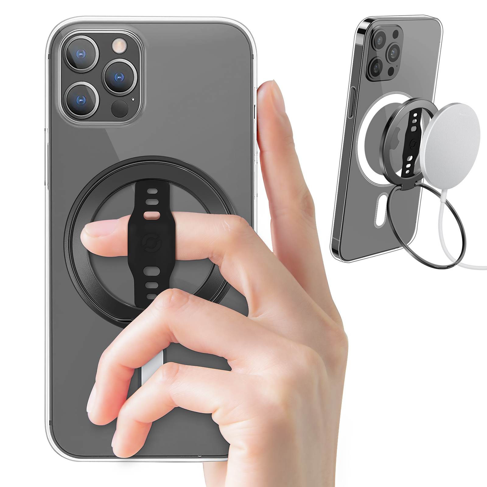 MagSafe Phone Grip Stand with Magnetic Ring Holder and Soft Silicone Strap