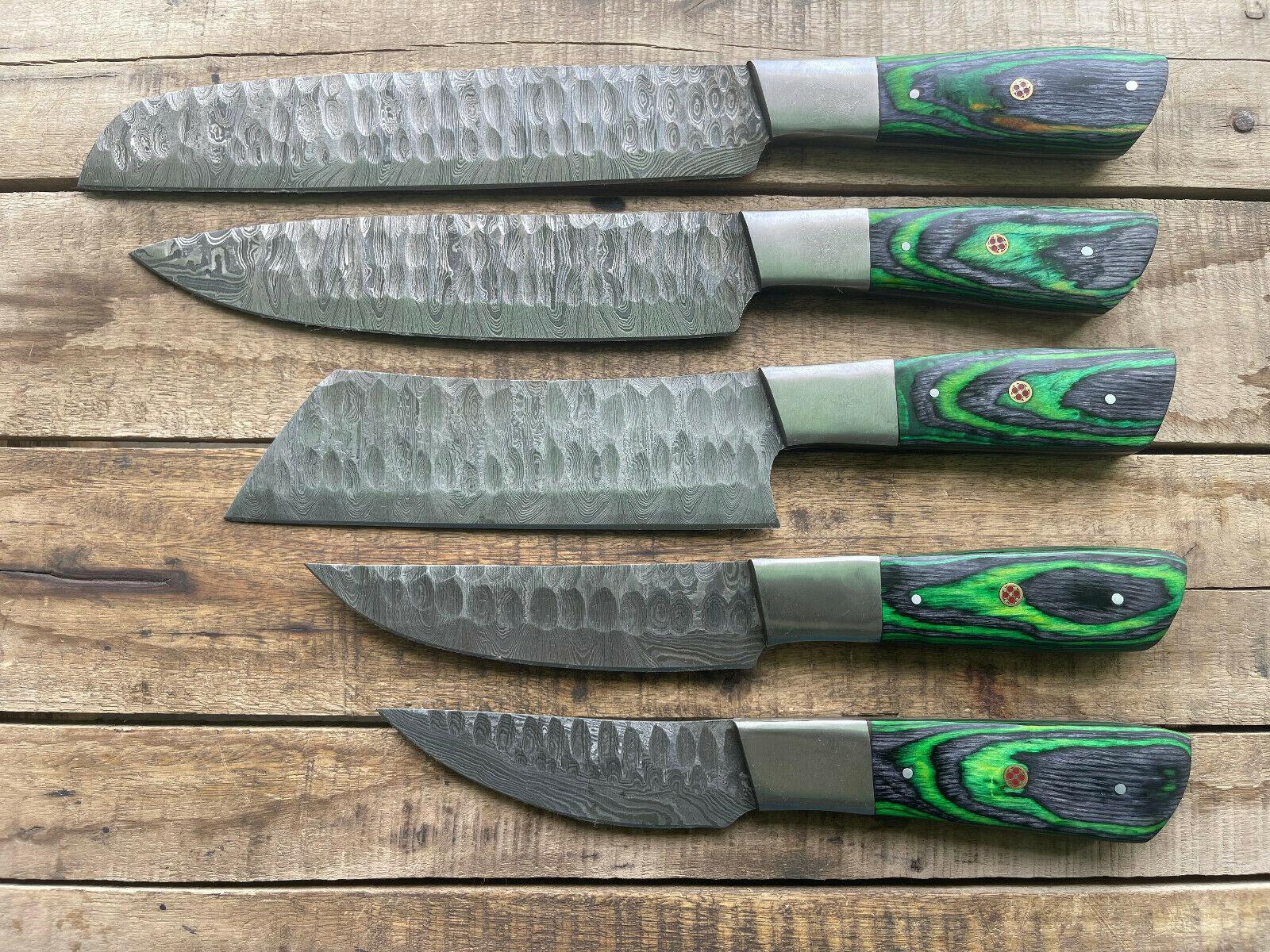 Exclusive 5PCS Handmade Damascus Steel Chef Set | Full Tang Kitchen Knives