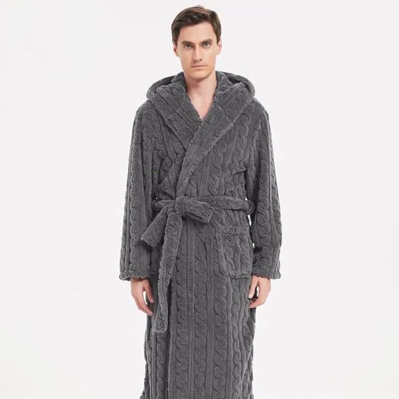 Mens Warm Hooded Velvet Jacquard Couple Winter Home Robe
