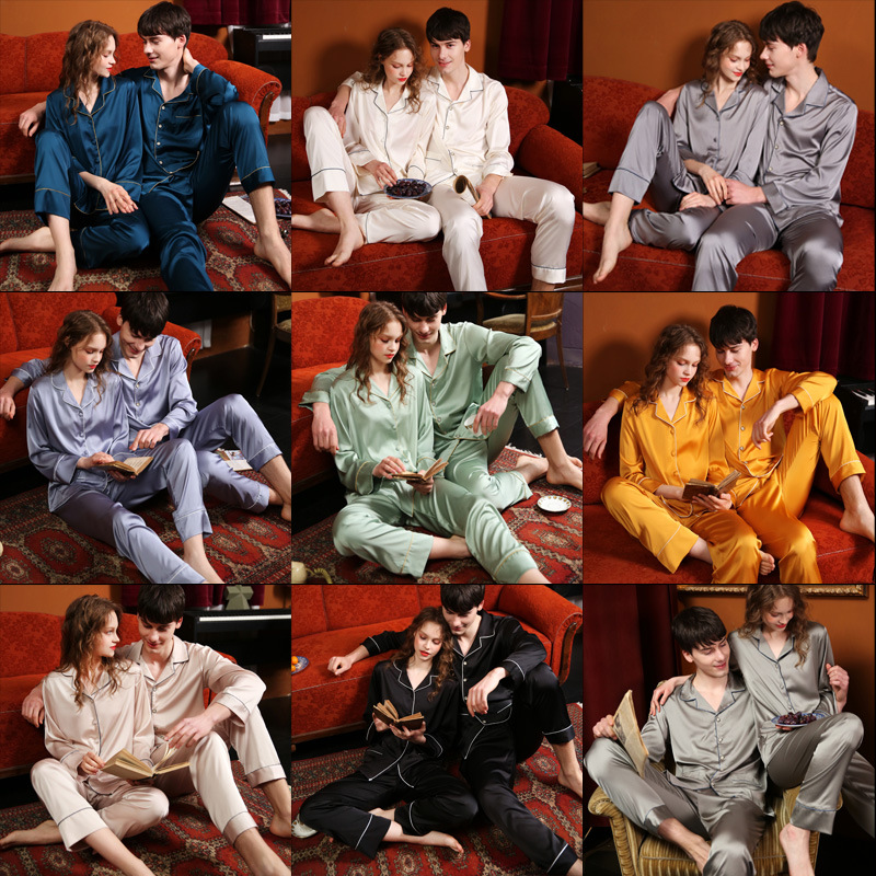 High Quality Couple Pajamas, Women Ice Silk Loungewear, Men Satin Sleepwear Set, Classic Autumn Summer Pajama Suit Unise