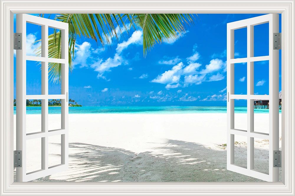 3D Beach Window View Wall Sticker – Ocean Sky Landscape Peel & Stick PVC Wallpaper