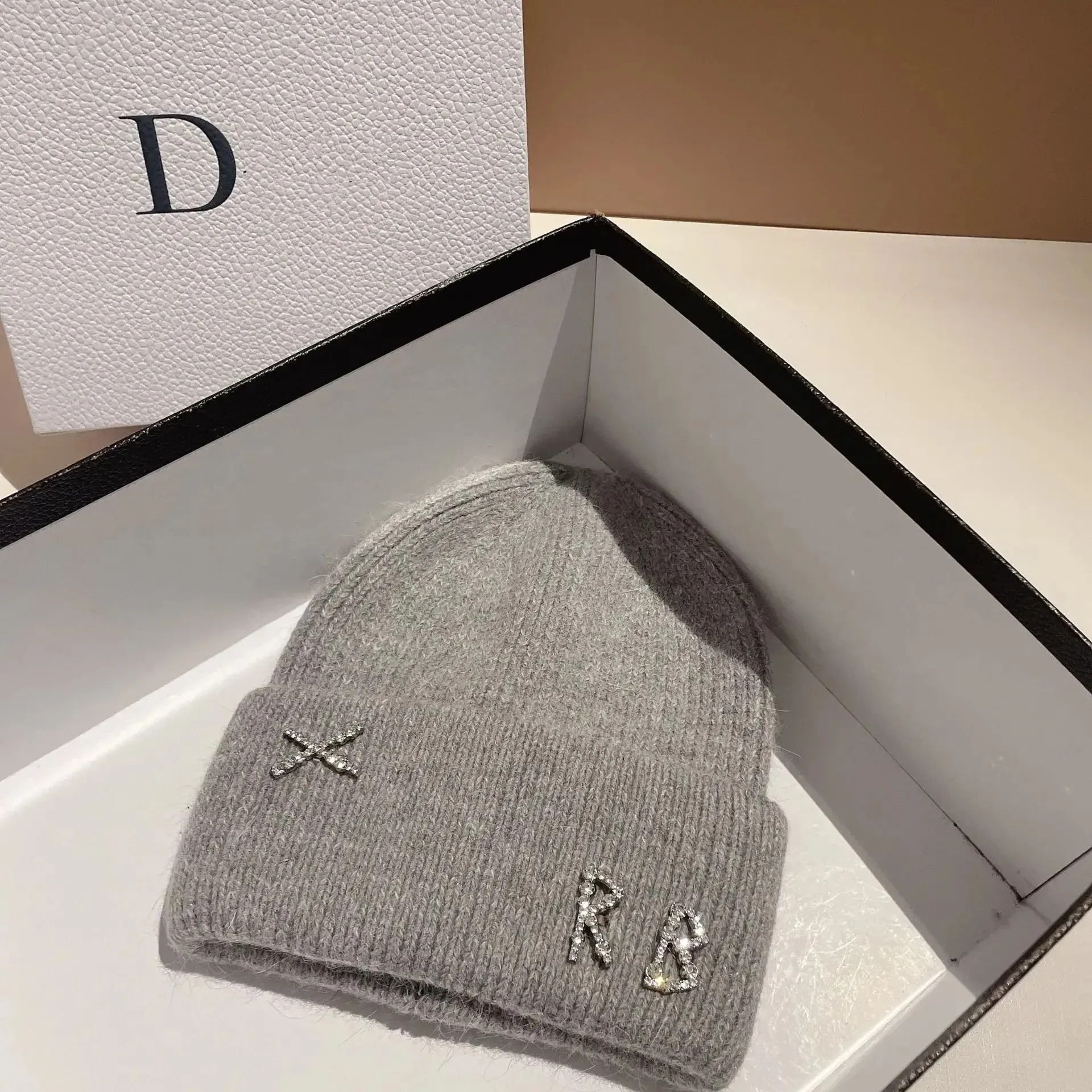 Diamond-Embellished Rabbit Fur Blend Thermal Beanie