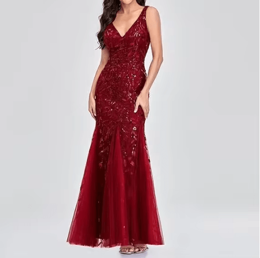 Elegant V Neck Sequin Dress Sleeveless Socialite Summer Evening Gown