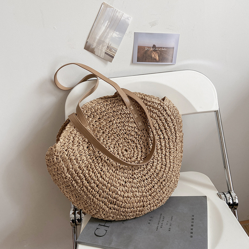 Summer Round Straw Bag Handmade Rattan Beach Tote Large Capacity Shoulder Bag
