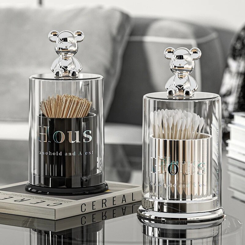Bear Acrylic Toothpick Box, High Appearance Level Toothtip Holder, Cotton Swab Floss Storage Organizer