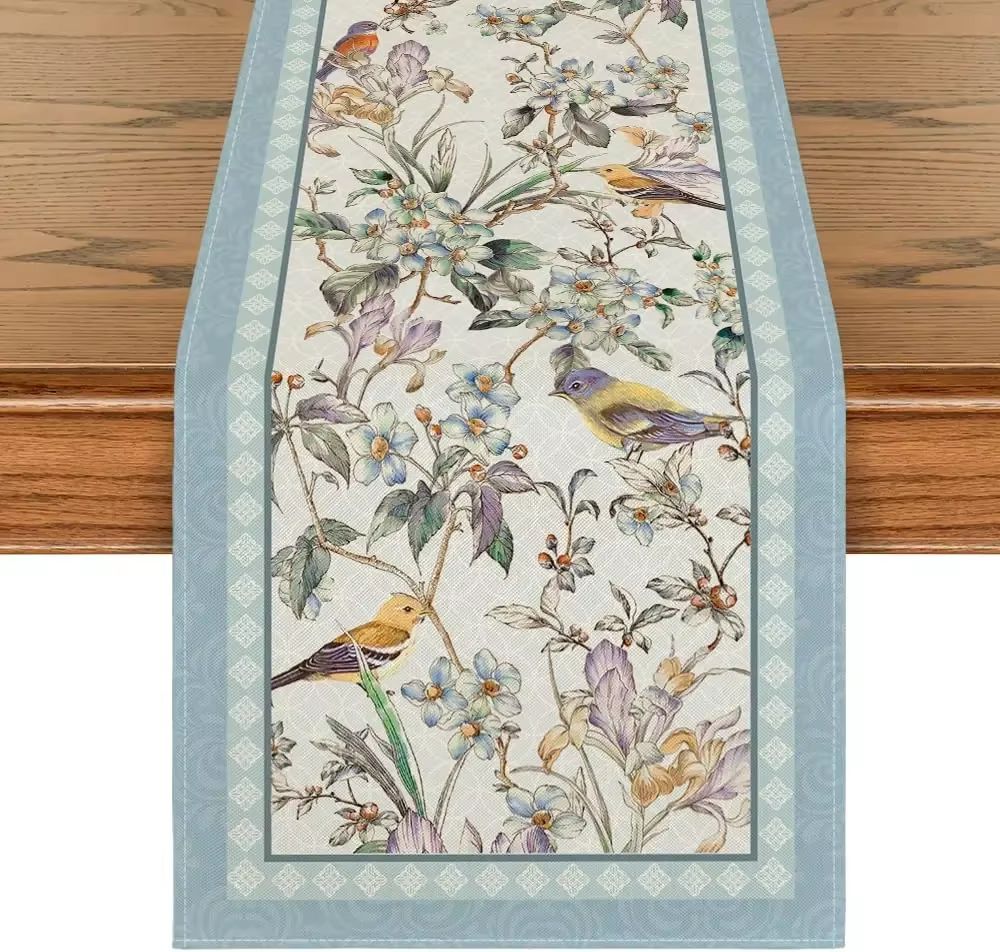 Blue Birds Floral Linen Table Runner Blossom Pattern Dining and Wedding Decor