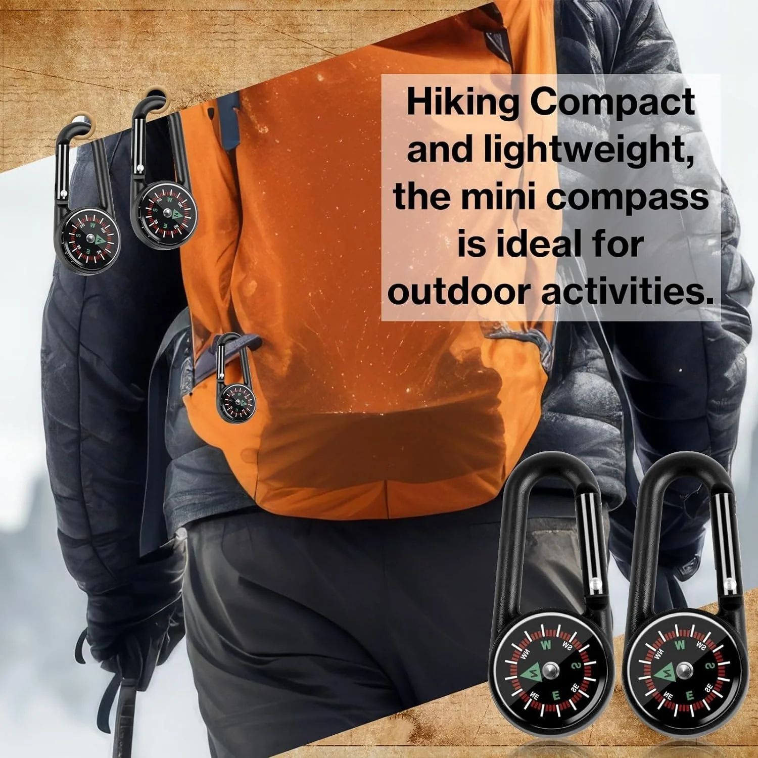 3 in 1 Mini Compass Thermometer Carabiner Keychain