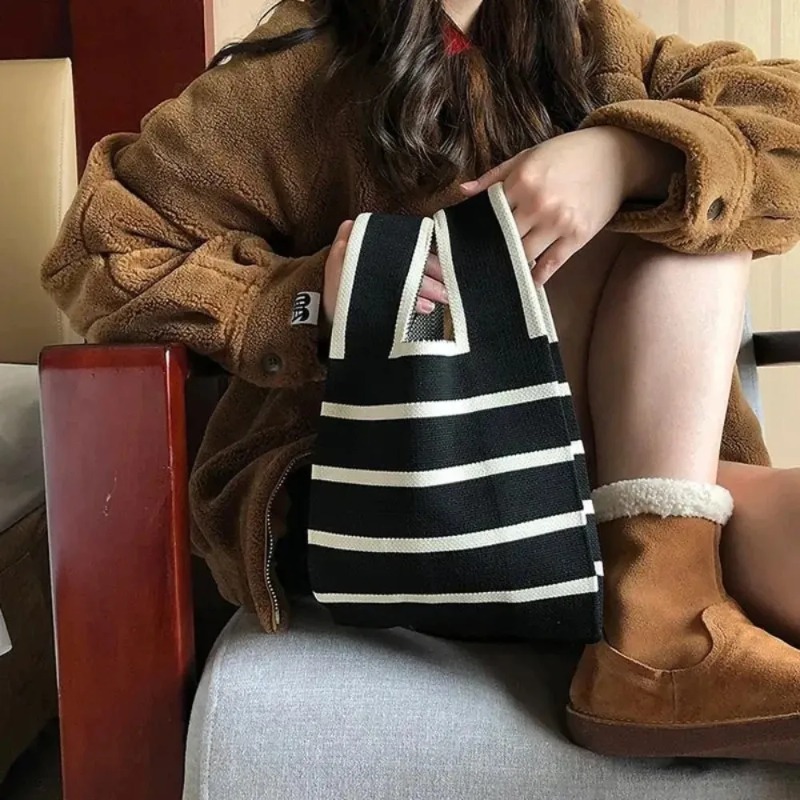 Handmade Knitted Stripe Tote Bag Stylish & Reusable Shoulder Bag for Women