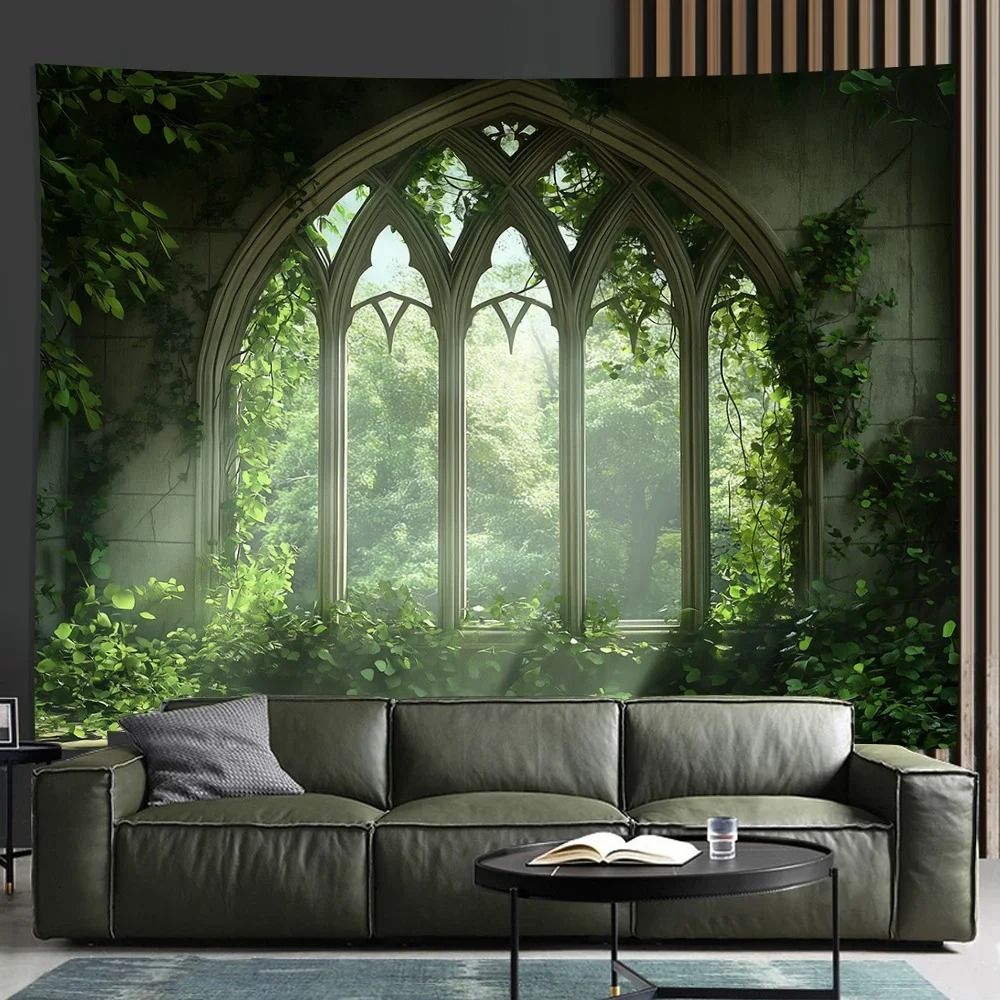 Enchanted Gothic Window Lush Garden Tapestry
