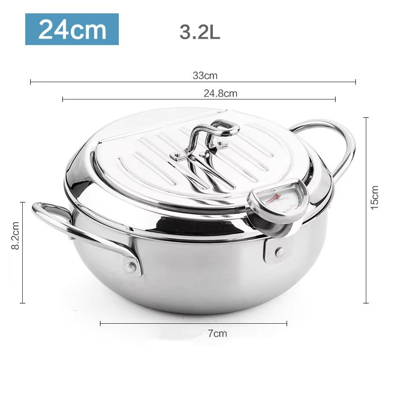 Japanese Stainless Steel Deep Frying Pot with Thermometer & Lid – Tempura Fryer Pan (20/24 cm)