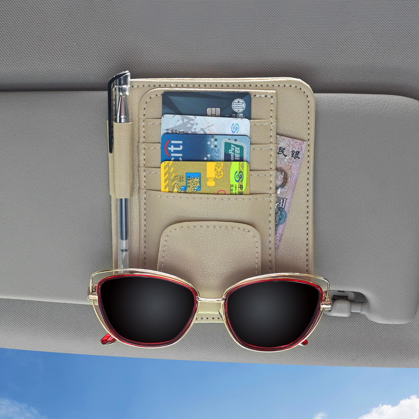 Multi-Pocket Car Sun Visor Organizer Storage Sunglasses Holder Business Card Management Auto Interior
