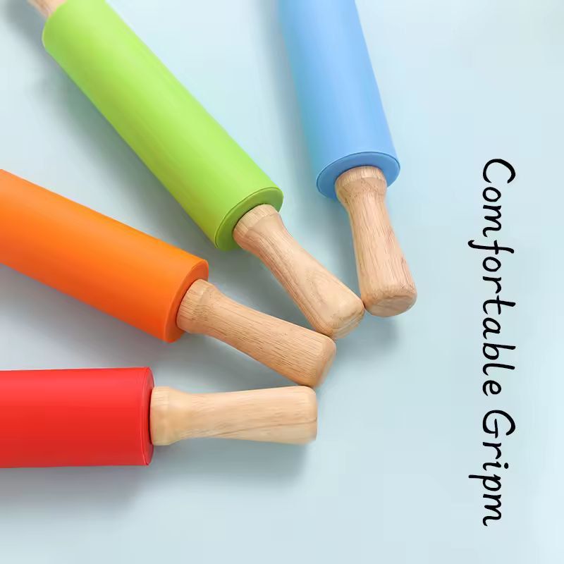 Silicone-Coated Non-Stick Rolling Pin with Wooden Handles - Easy Dough Roller & Pastry Tool