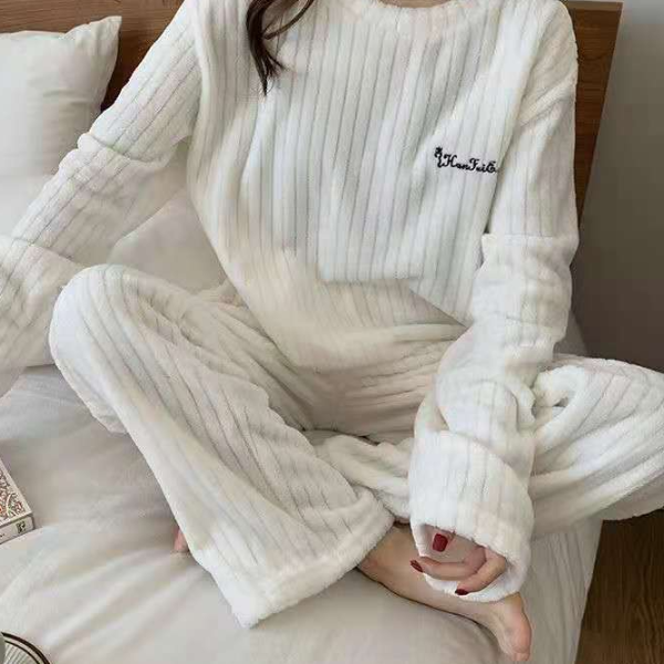 Autumn Women Solid Warm Sets, Thicken Velvet Ribbed Fleece Pullover and Pants, Casual Pajama Sets