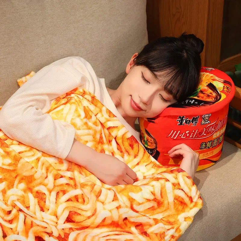 Bucket Instant Noodles Plush Pillow with Hidden Blanket – Ramen Stuffed Cushion Gift