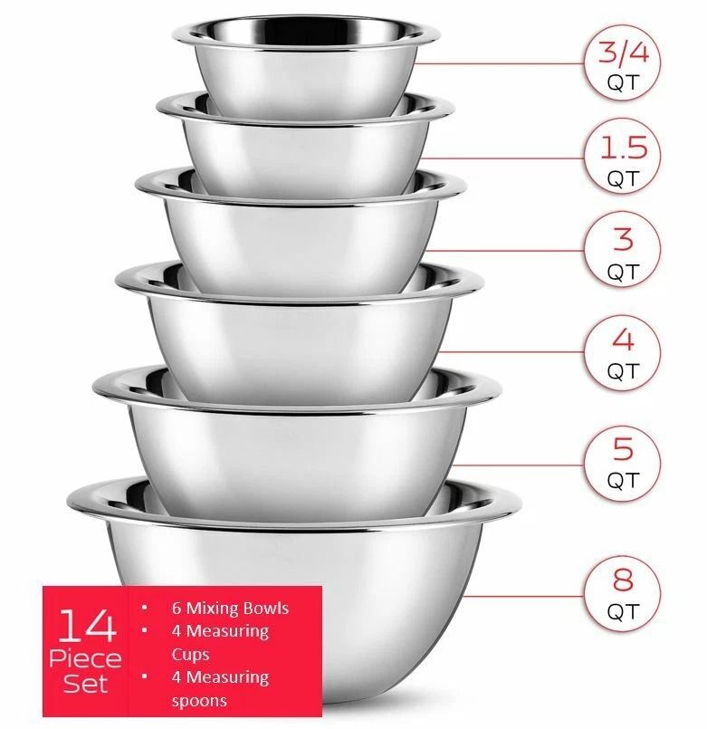 Stainless Steel Mixing Bowls Set with Measuring Cups and Spoons Nesting Kitchen Prep Bowl Set