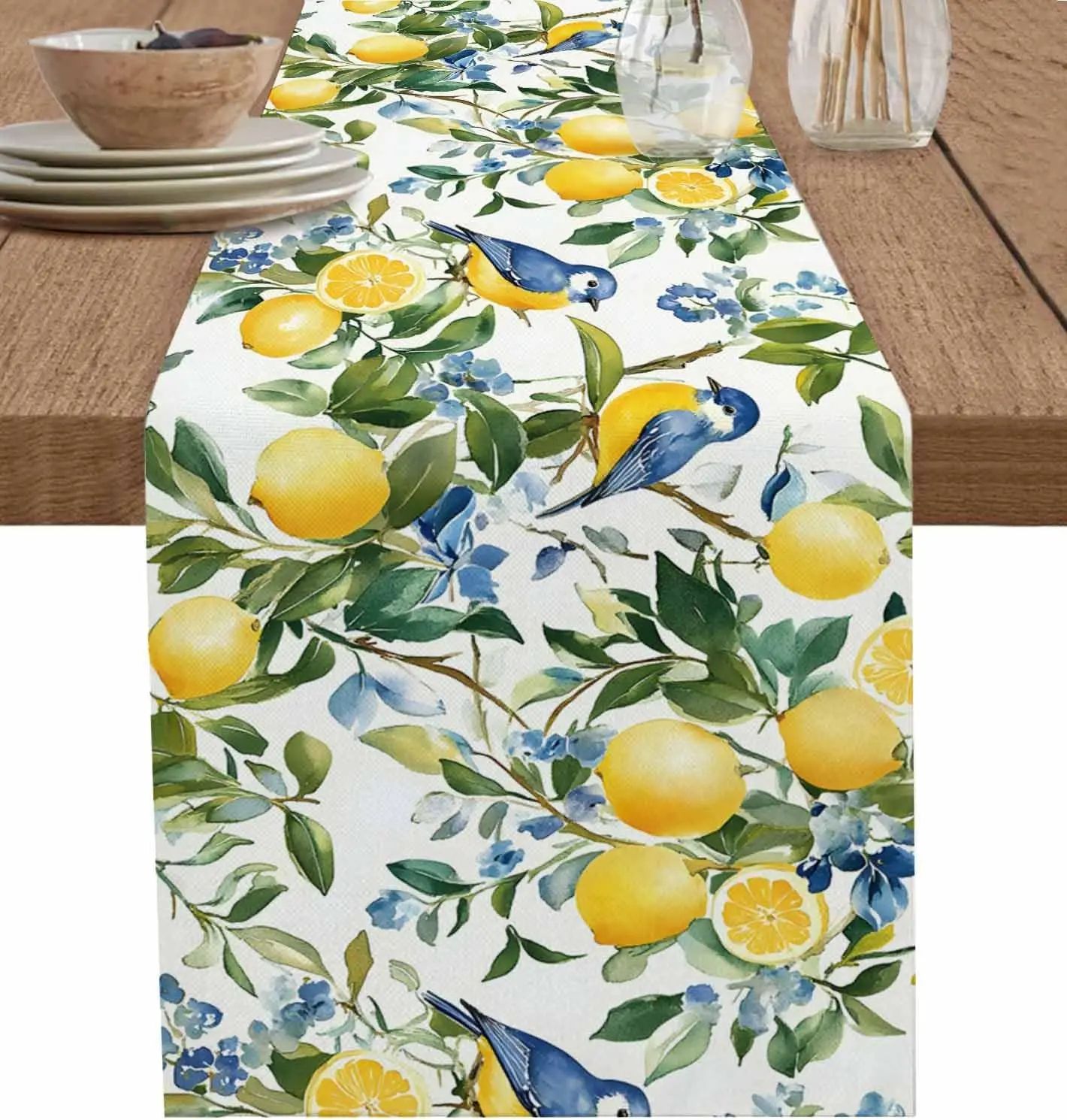 Lemon Bird Linen Table Runner Vintage Floral Decor