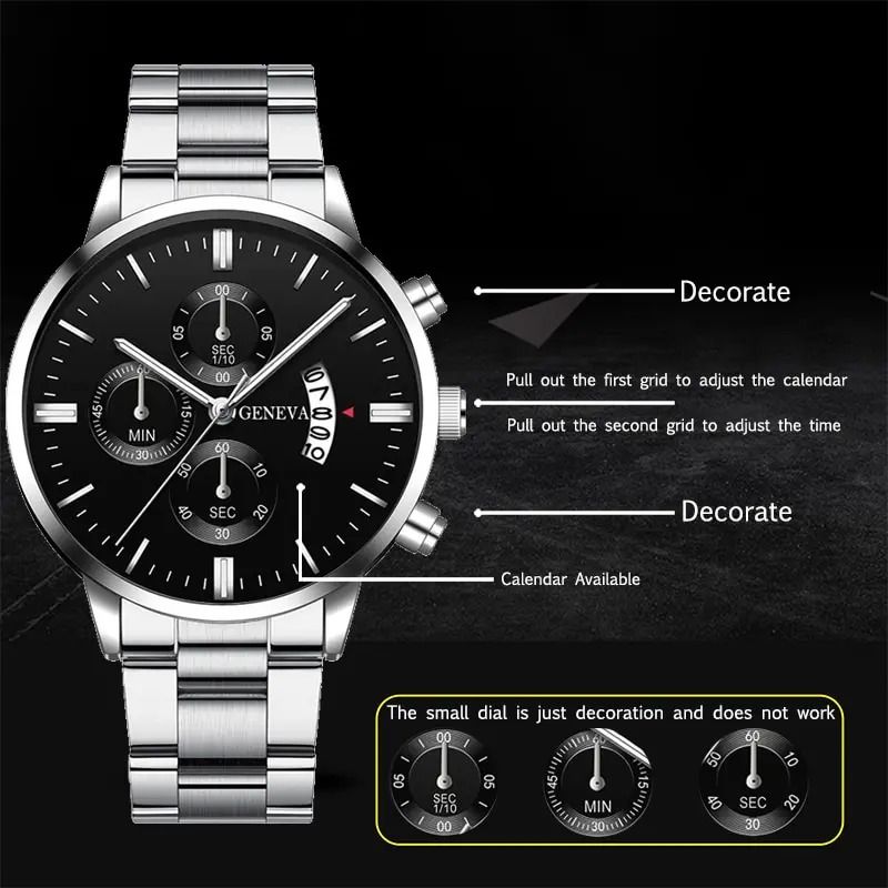 Mens Luxury Watch Stainless Steel Wrist Watch Quartz Business Calendar Silver