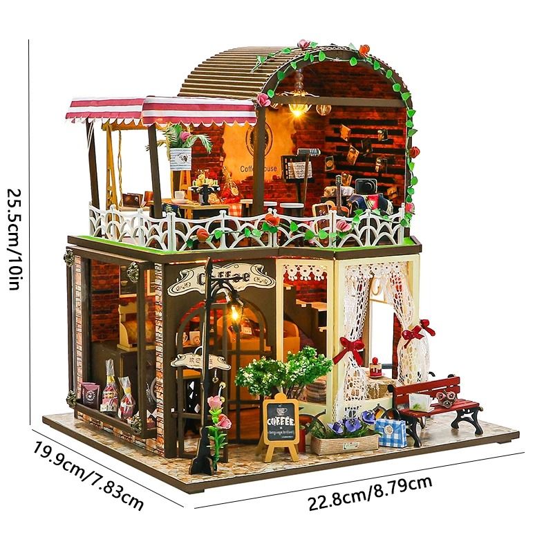 DIY Wooden Mini Seaside Villa Dollhouse Kit with Furniture and LED Lights