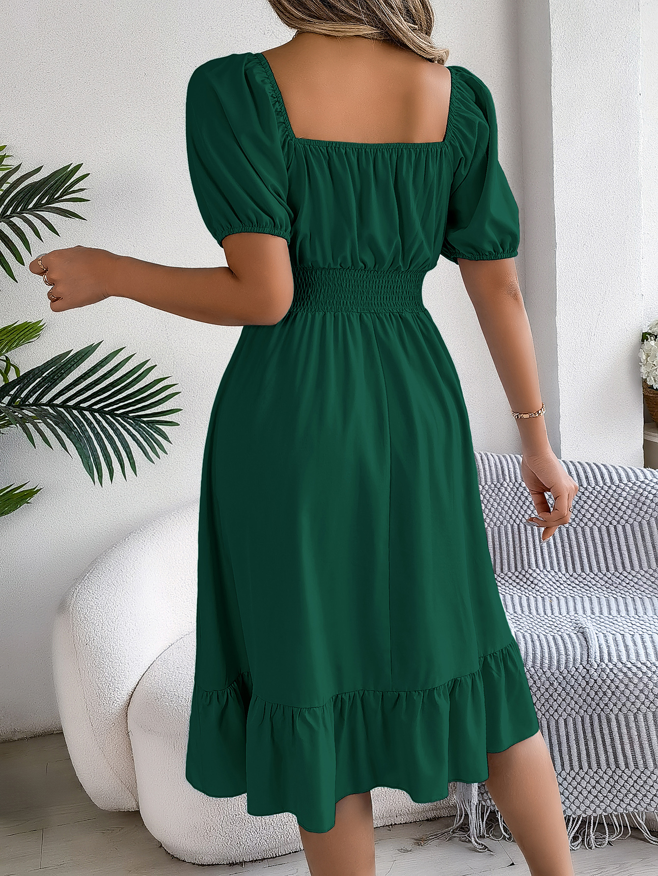 Short Sleeved Ruffled Edge Long Dresses, Waisted Dress Square Neck for Women