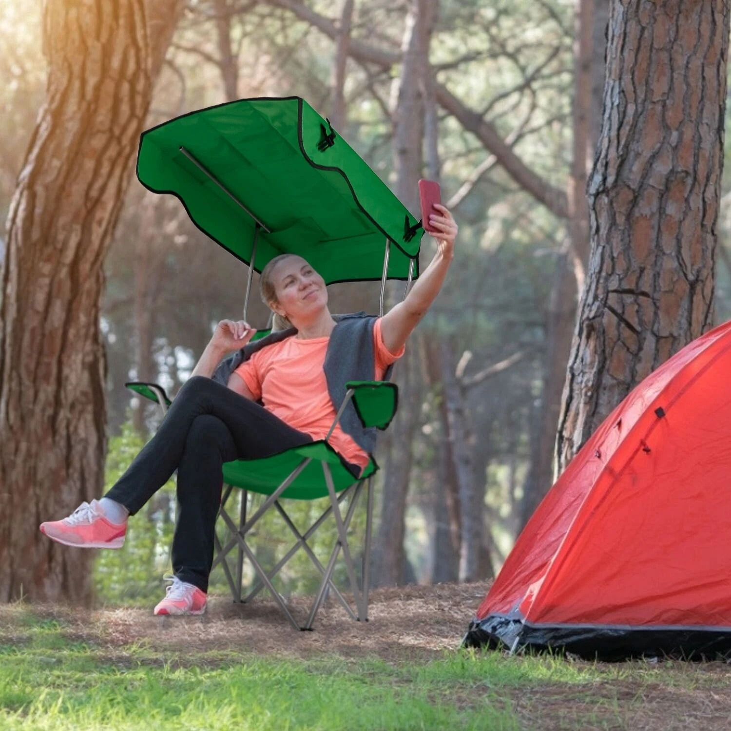 Heavy Duty Outdoor Beach Chair, Green Folding Camping Chair with Canopy Shade, Comfortable & Portable Folding Chair