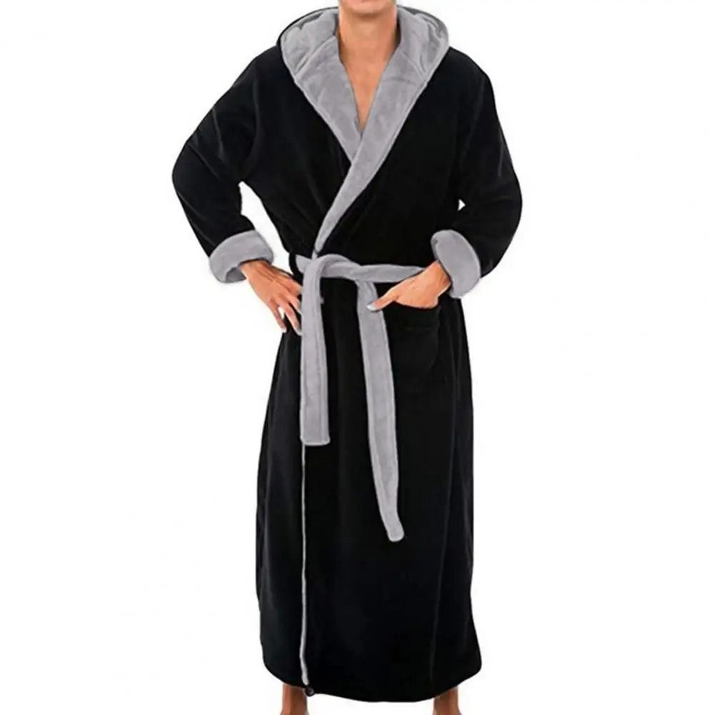 Mens Hooded Flannel Long Bathrobe Soft Fluffy Home Gown