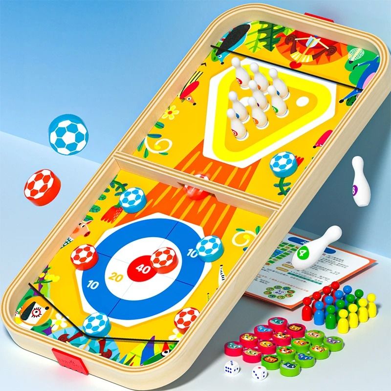 Wooden Multi Game Board Set Bounce Chess Hockey and Bowling Family Game